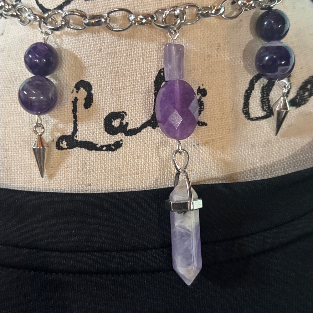Vertebral Spike Amethyst Beaded Choker or Waist Chain Statement Metallic Goth - Picture 6 of 7
